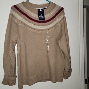 Nautica Women's Beige Sweater with Burgundy Stripes